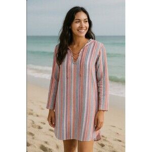 Raya Sun Women's Beach Boho Hoodie Tunic Coral Stripe Size XL Pool Surfer NWT